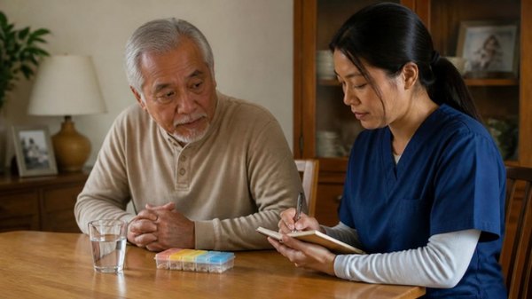 A provider writing notes in a small notebook beside an older man at a dining table