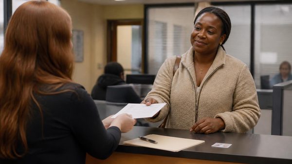 A new provider handing enrollment forms across a county office counter