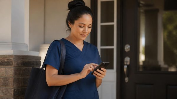 A provider checking in on the IHSS EVV mobile app at a client’s front door