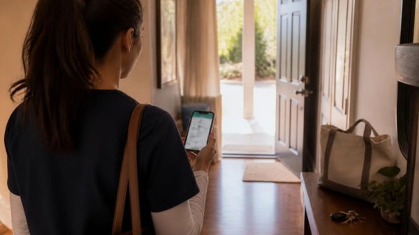 A provider checking in on her phone as she arrives at a client’s front door