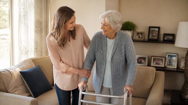 An adult daughter helping her mother with a walker in a living room