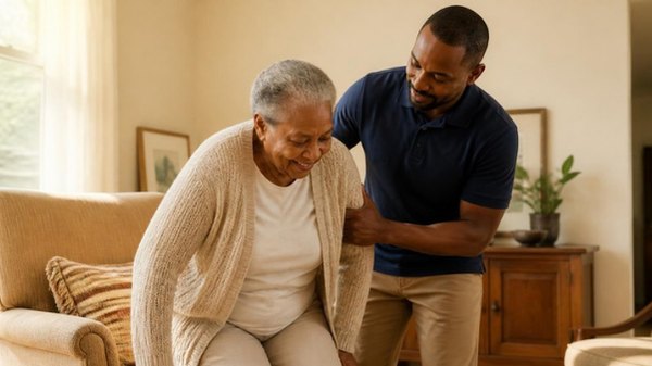 A home care provider helping an older woman stand from an armchair