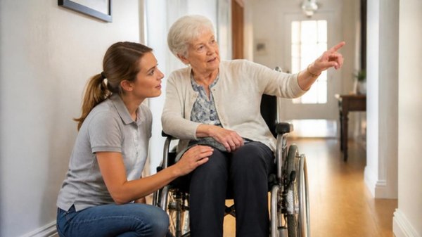 A provider kneeling beside a woman in a wheelchair, listening as she points down the hallway