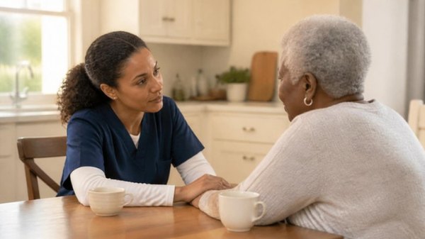 A provider and an older woman in a serious conversation over tea at a kitchen table