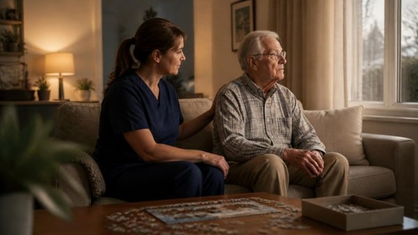 A provider sitting with an older man on a sofa in the evening, keeping him company