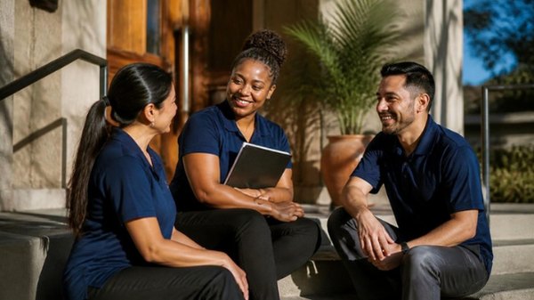 Three home care providers talking together on the steps of a community building