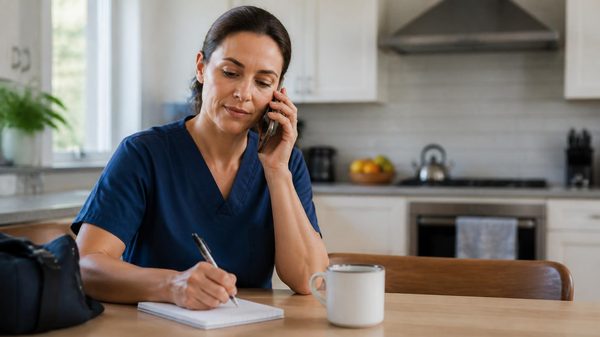 A provider on the phone with a notebook, confirming a new client visit