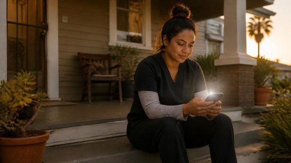 A provider reading a reminder on her phone on the porch steps at the end of a shift