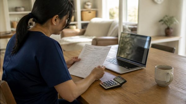 A provider at a kitchen table with a W-2 form, a calculator and a laptop