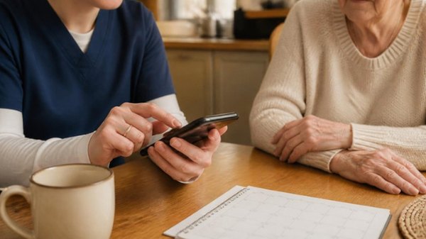 A provider entering time on a phone at a kitchen table, with a paper calendar beside it