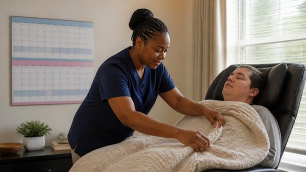 A provider adjusting a blanket for an adult resting in a recliner, a wall calendar behind them