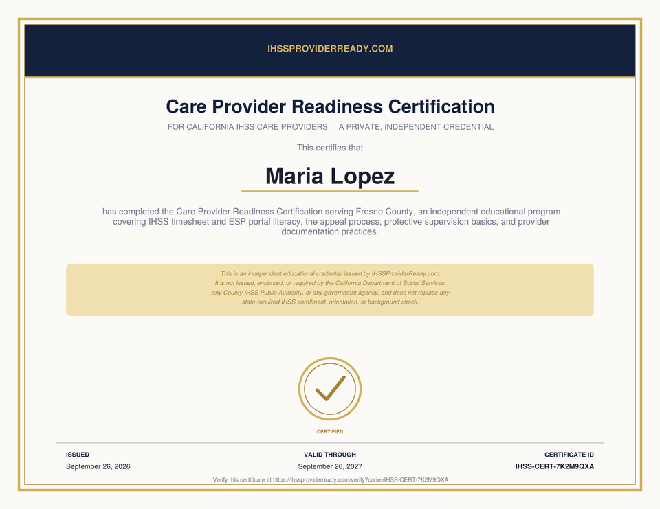 Certificado de muestra de la Certificación de Preparación para Proveedores de Cuidado para Maria Lopez, Condado de Fresno, con fecha de emisión, fecha de vigencia e identificador del certificado
